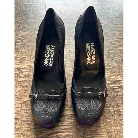 Salvatore Ferragamo Leather Heels Black Pumps Mid-High Heel Round Toe Size 9 - Picture 1 of 10